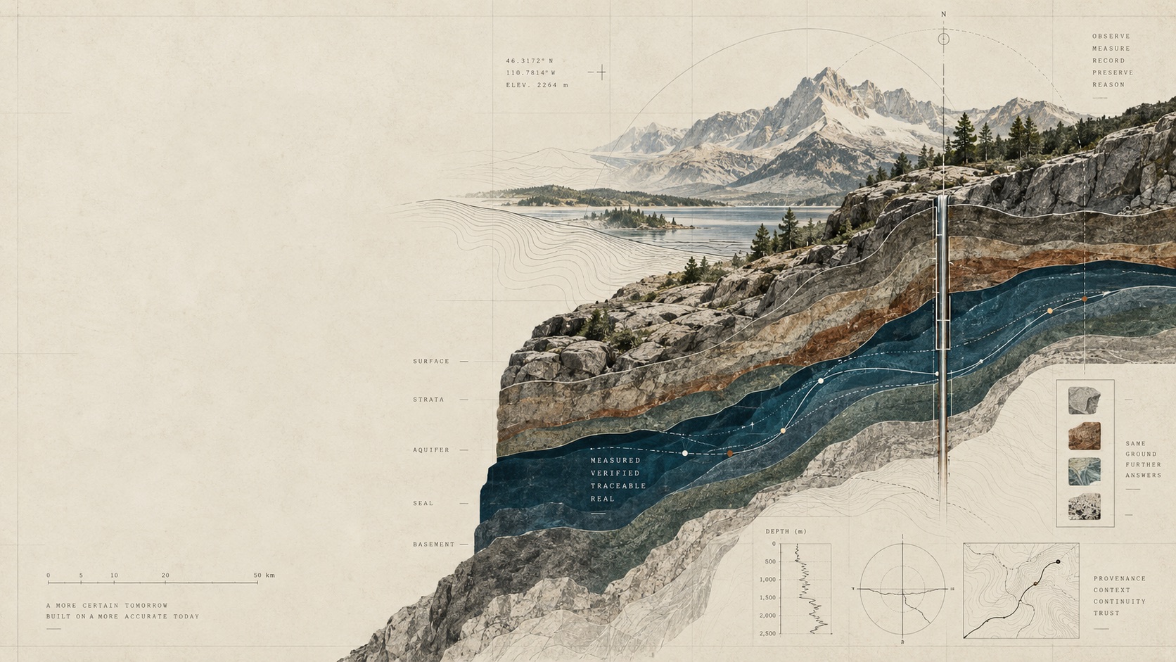 A survey cross-section: mountains and a lake above rock strata layered from surface through aquifer, seal, and basement, with a datum borehole descending through them and a measured, traceable path drawn through the aquifer.